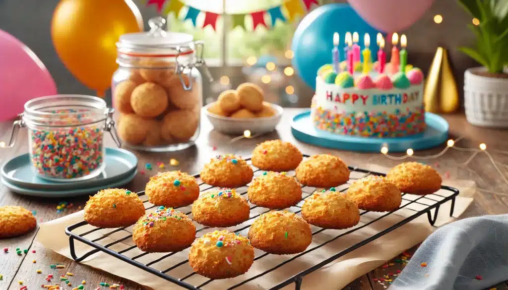 Celebra un cumpleaños sin gluten con estas galletas de harina de coco. Crujientes por fuera y suaves por dentro, con un toque de vainilla y chispas de colores. ¡Fáciles y perfectas para una fiesta! 🎉🎂