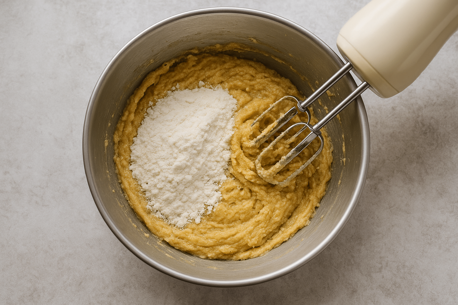 🥣 Paso 2: Añade los ingredientes secos Incorpora el preparado panificable sin gluten, la levadura y la sal. Mezcla hasta que la masa esté uniforme, sin grumos.
