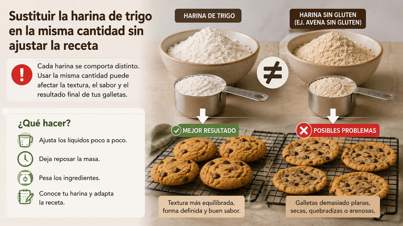 2. Sustituir la harina de trigo en la misma cantidad sin ajustar la receta