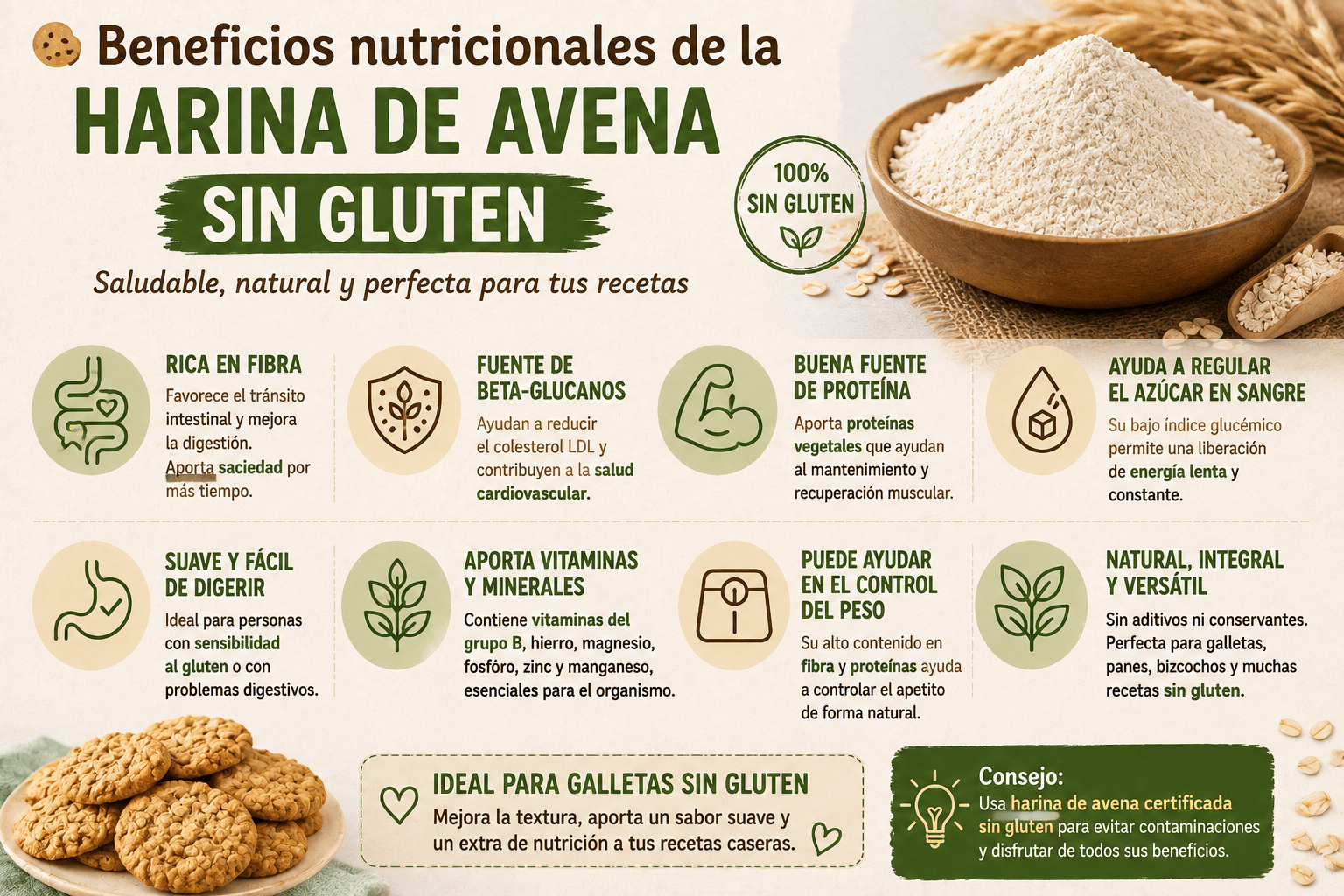 🍪 Beneficios nutricionales de la harina de avena sin gluten