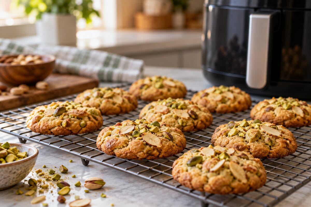 Galletas de almendra y pistacho enfriándose tras cocinarse