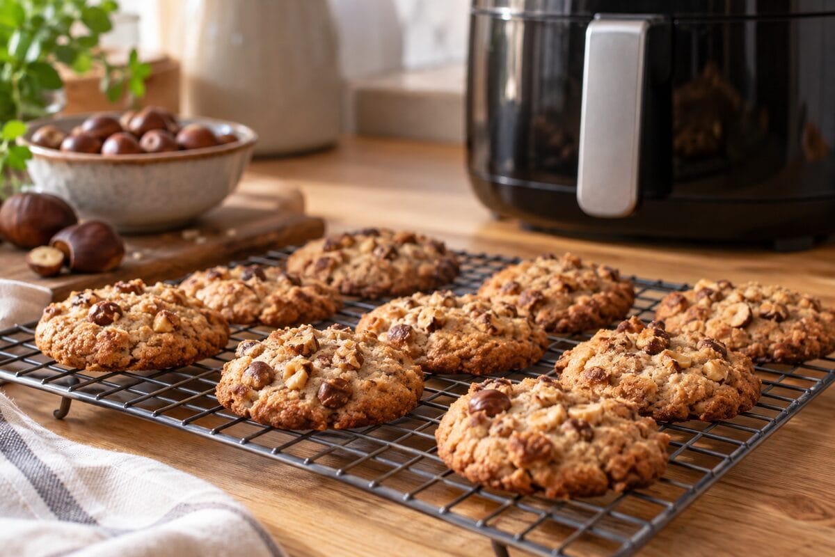 Galletas de castaña y avellana enfriándose después de la airfryer