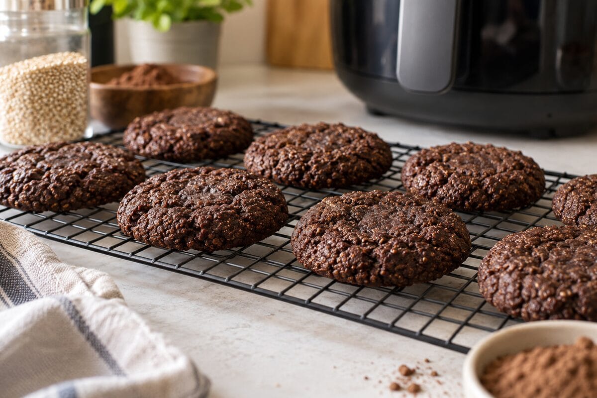 Galletas de quinoa y cacao enfriándose sobre una rejilla