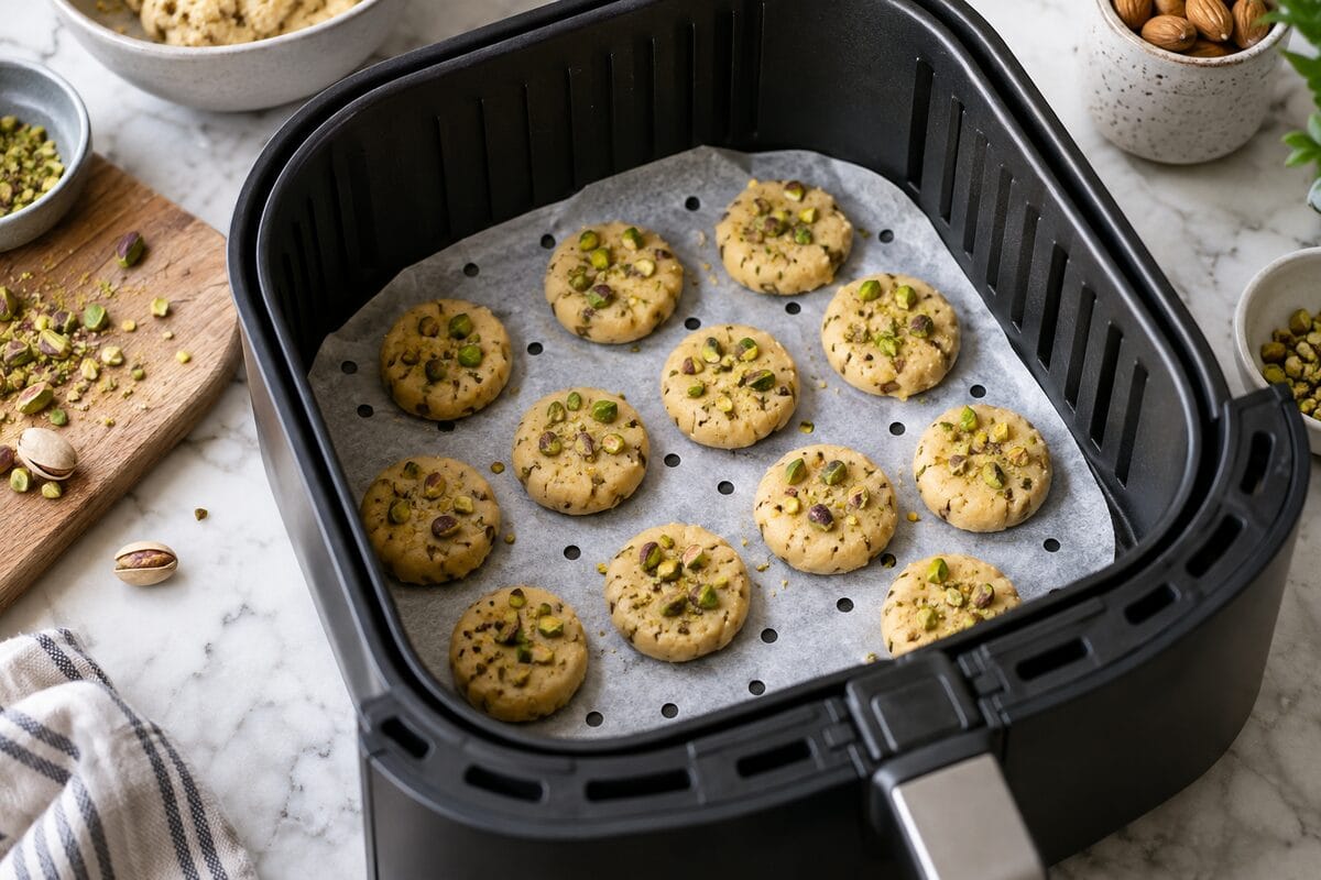 Galletas crudas de almendra con pistachos en la cesta de la airfryer
