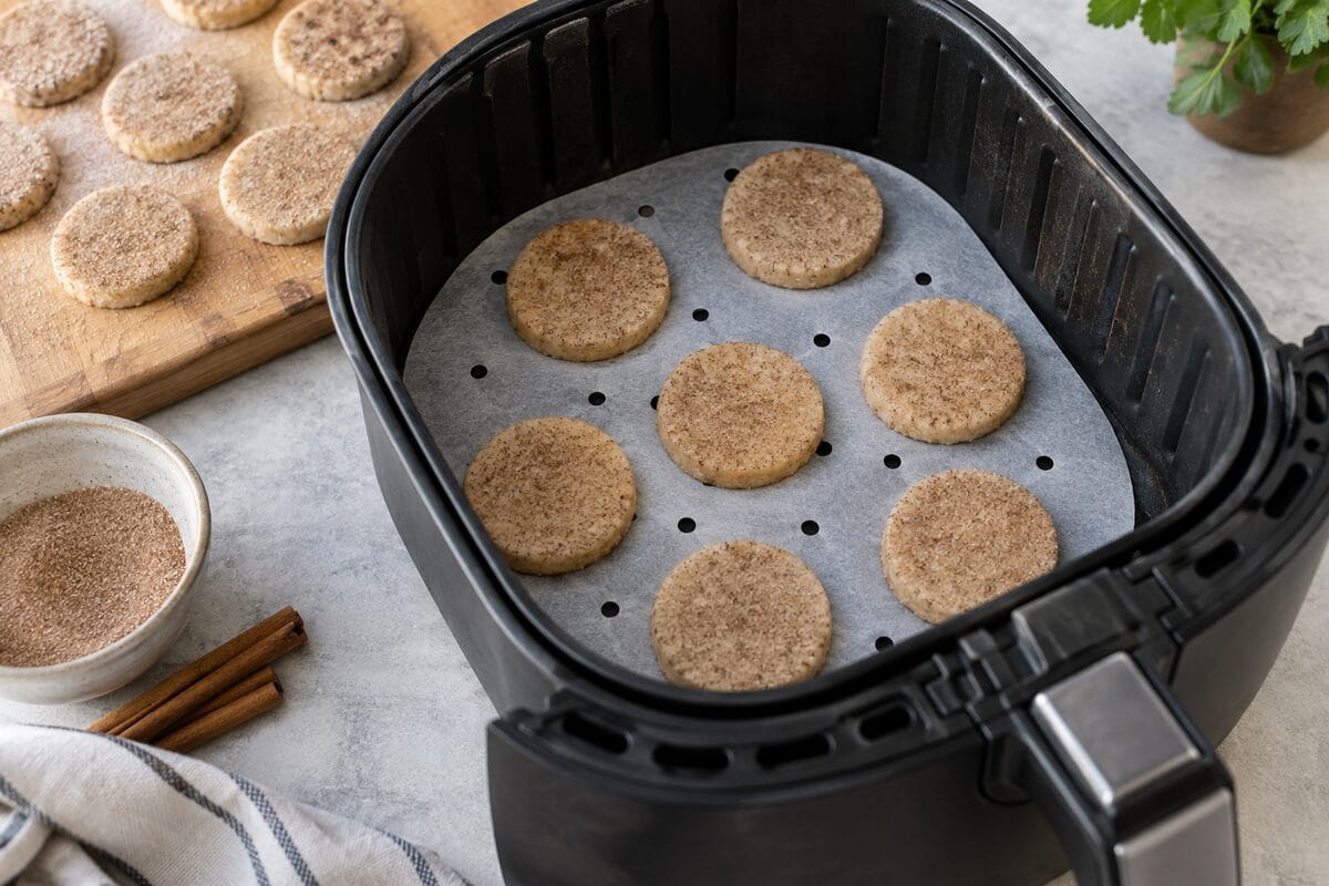 Discos de masa de arroz y canela colocados en la cesta de la airfryer