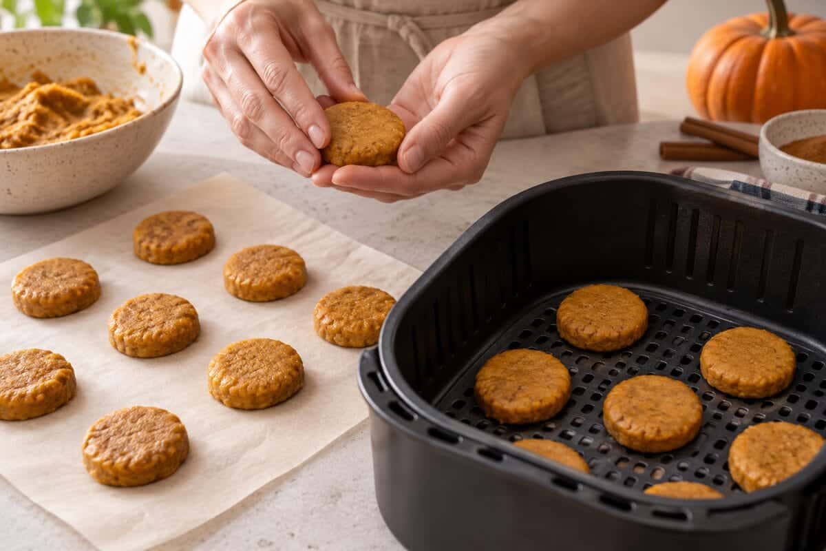 Discos de masa de calabaza colocados en la cesta de la airfryer