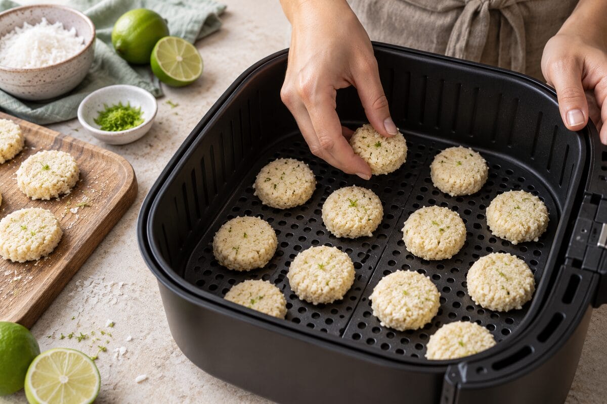 Discos de masa de coco y lima colocados en la cesta de la airfryer