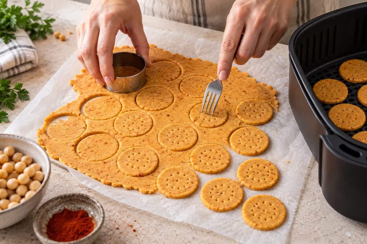 Galletas saladas de garbanzo formadas en la cesta de la airfryer