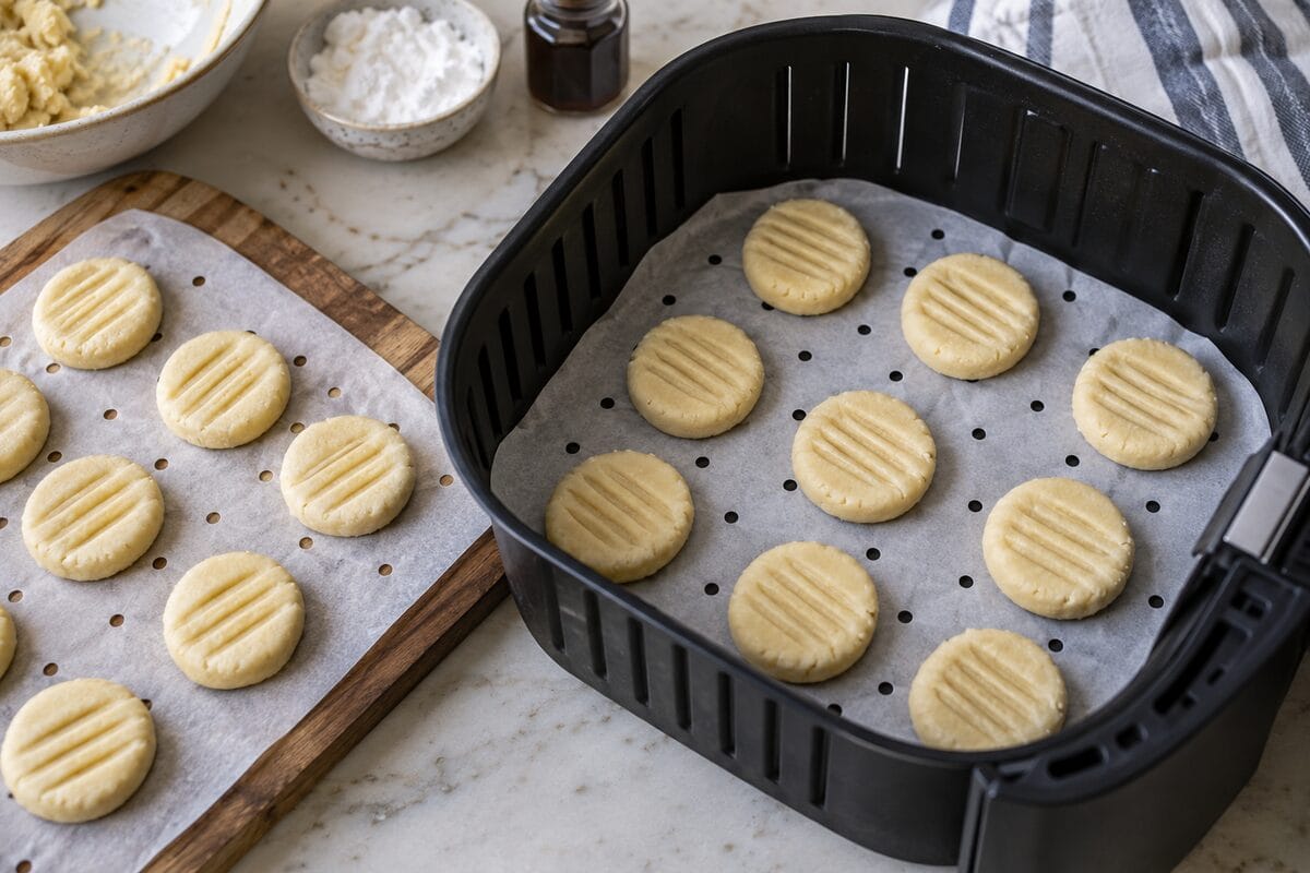 Galletas de maicena crudas con marcas de tenedor en la cesta de la airfryer