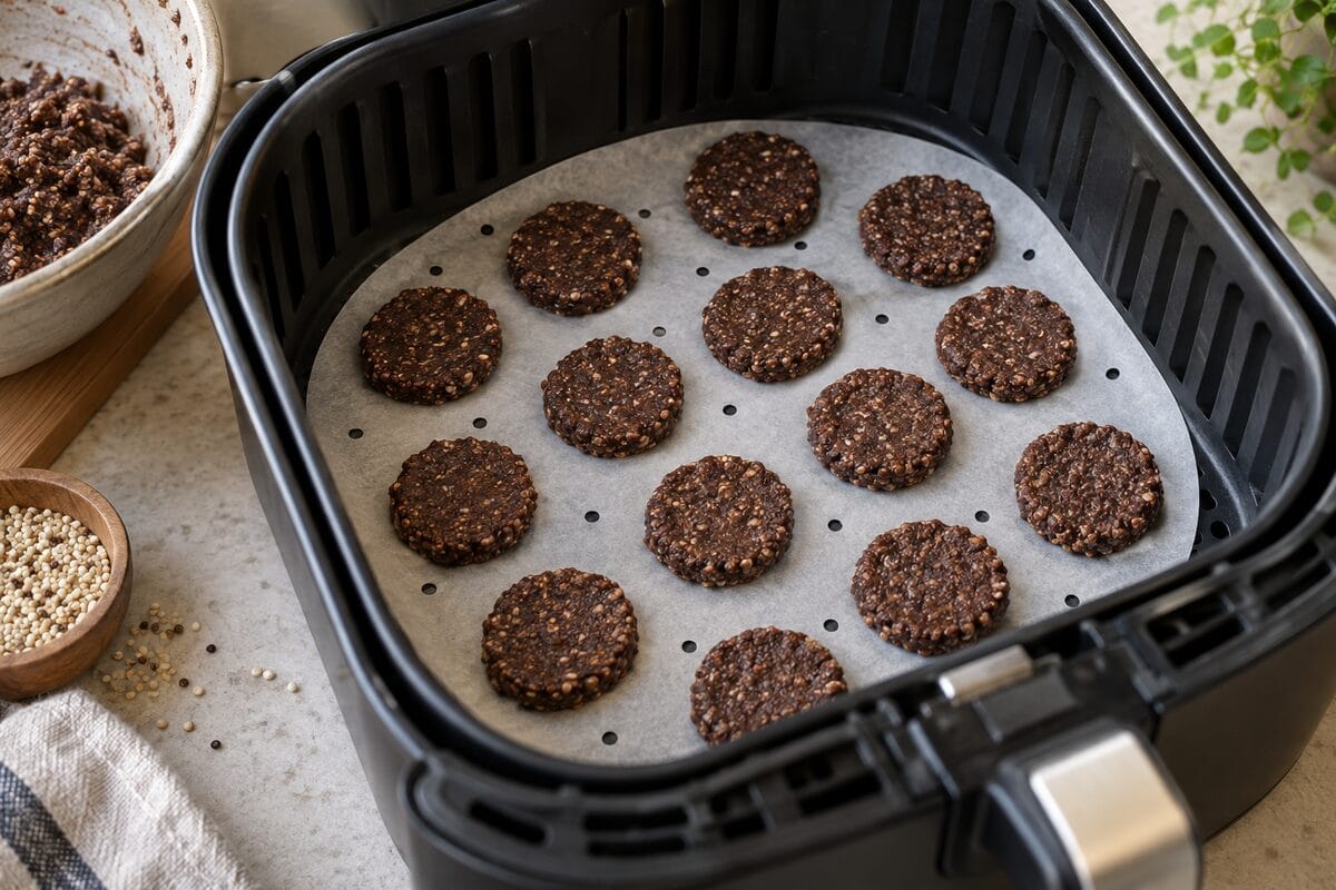 Discos de masa de quinoa y cacao colocados en la airfryer