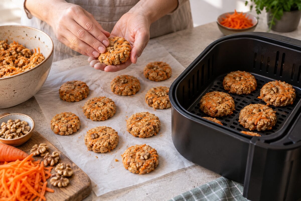 Porciones de masa de zanahoria y nueces colocadas en la airfryer
