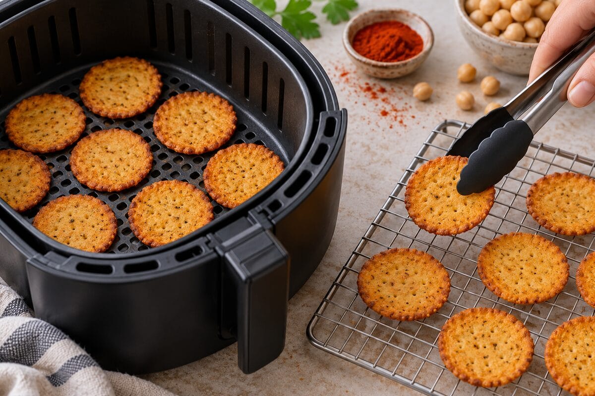 Galletas de garbanzo y pimentón enfriándose después de la airfryer