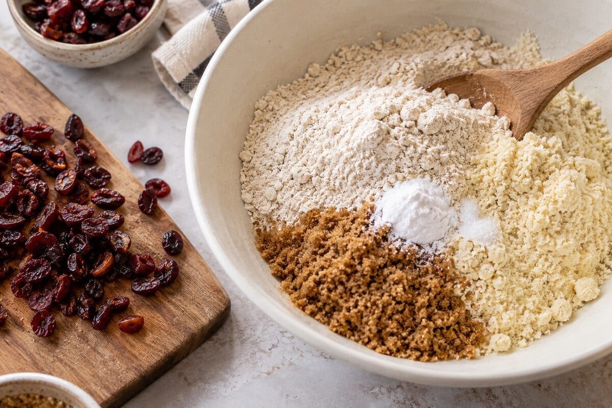 Avena sin gluten, harina de almendra y arándanos listos para la receta