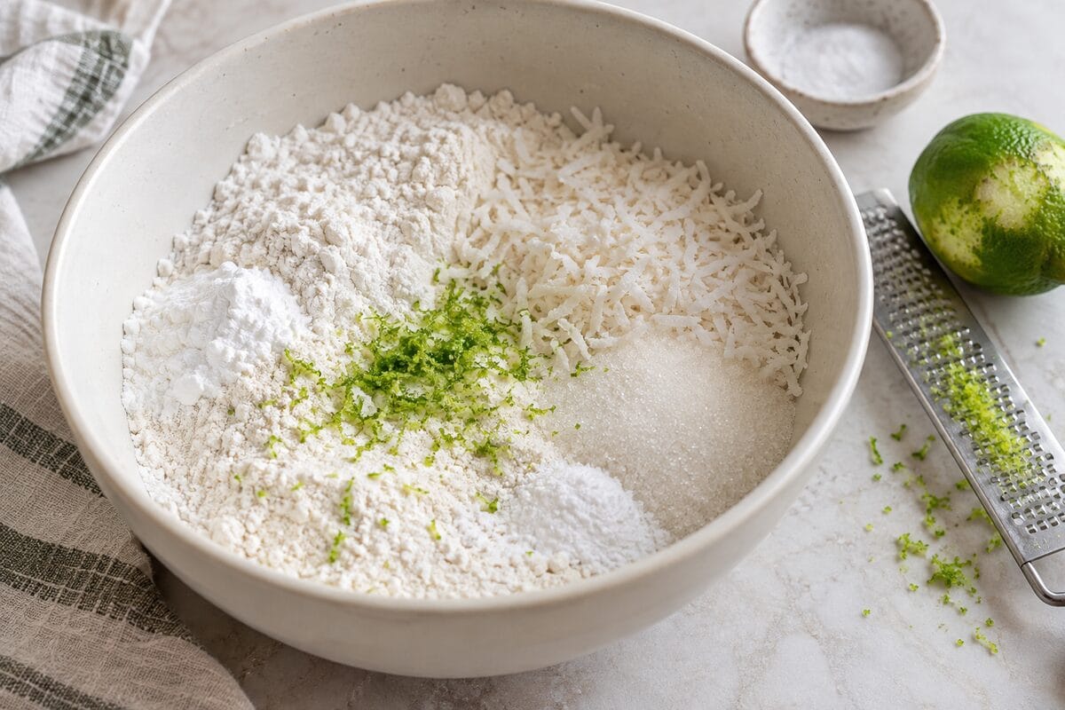 Coco rallado, lima, harina de arroz y maicena preparados para mezclar