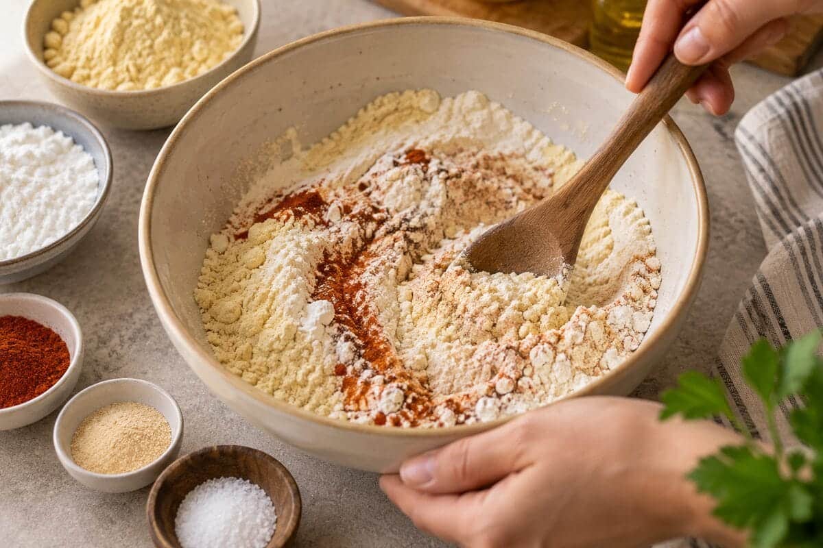 Harina de garbanzo, harina de arroz y pimentón preparados para mezclar