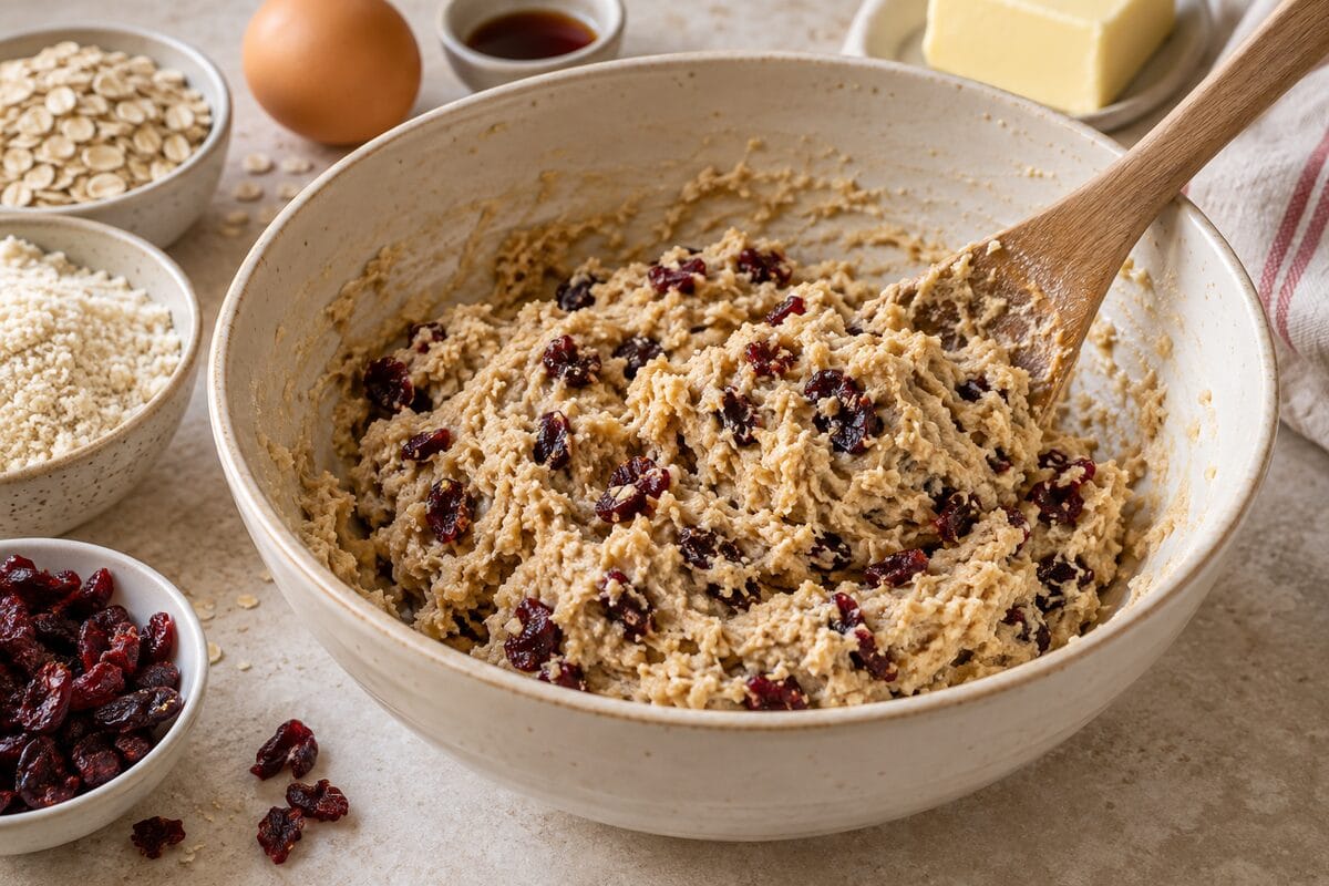 Masa de galletas de avena sin gluten mezclada con arándanos