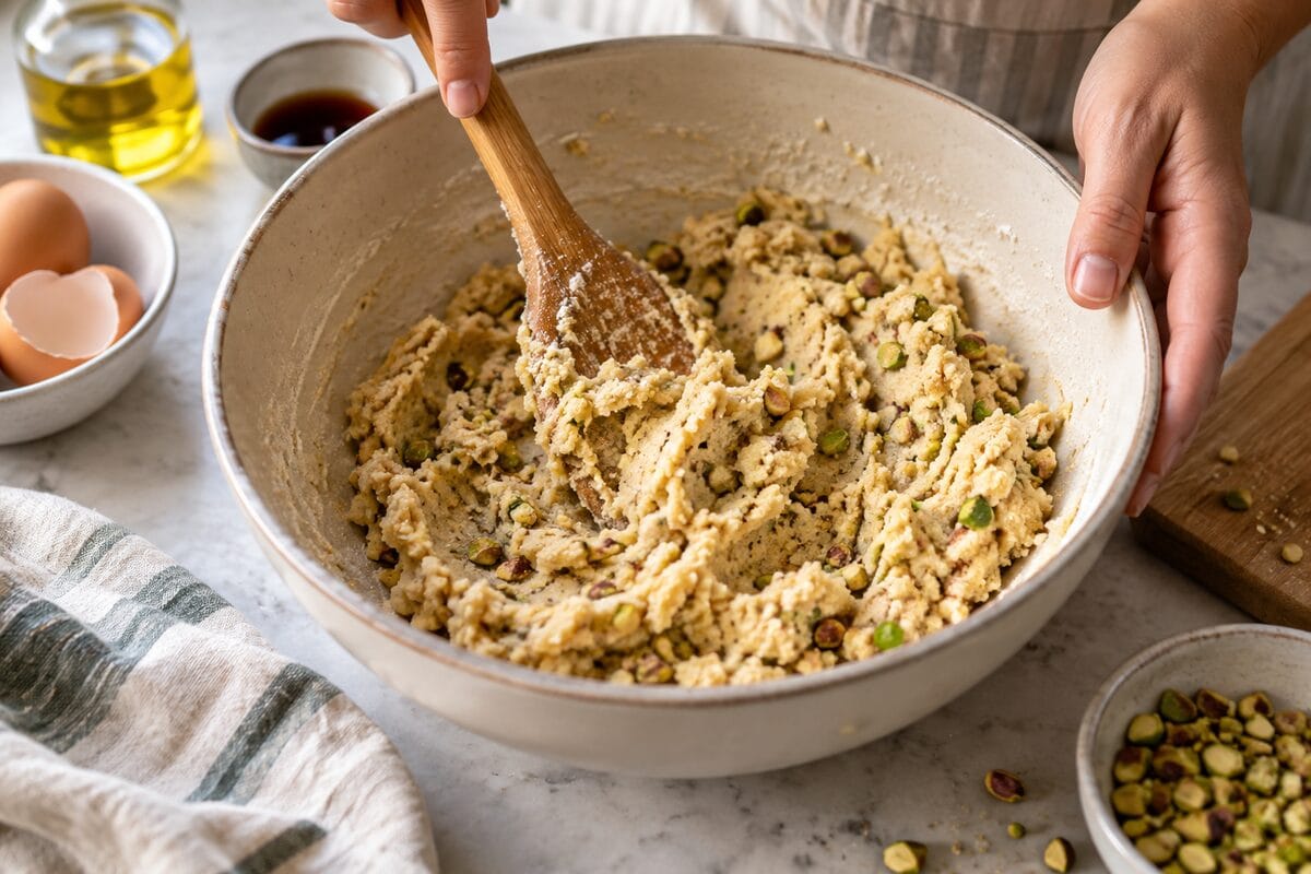 Masa de galletas de almendra y pistacho mezclada en un bol