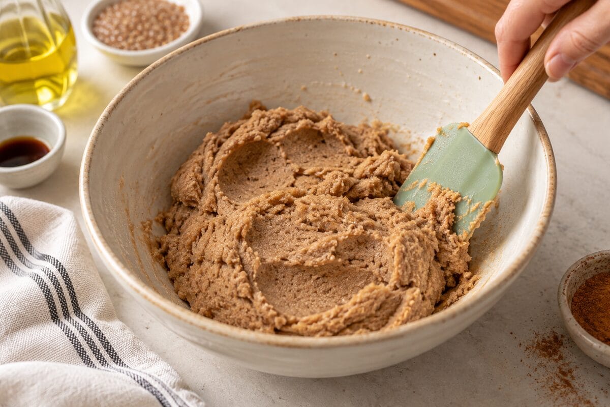 Masa de galletas de arroz y canela sin huevo mezclada en un bol