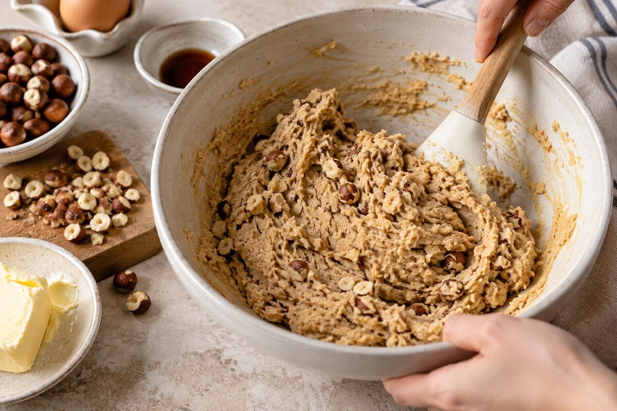 Masa de galletas de castaña y avellana mezclada en un bol