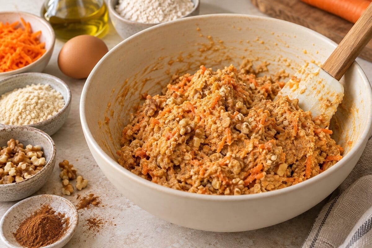 Masa de galletas de zanahoria con nueces mezclada en un bol
