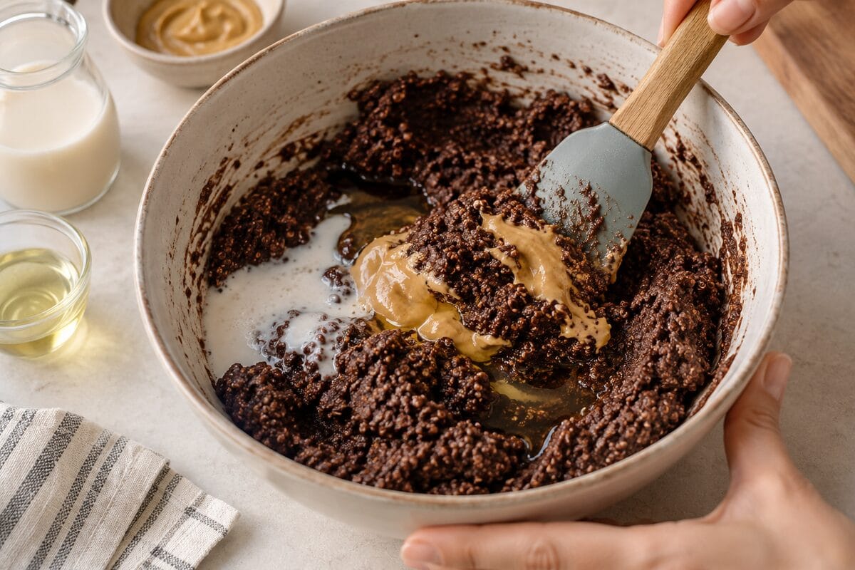 Masa vegana de quinoa, cacao y crema de cacahuete en un bol