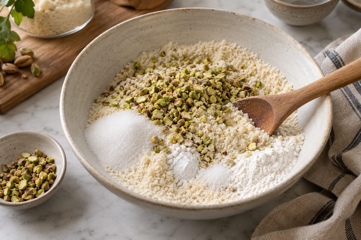 Pistachos picados mezclados con harina de almendra y harina de arroz