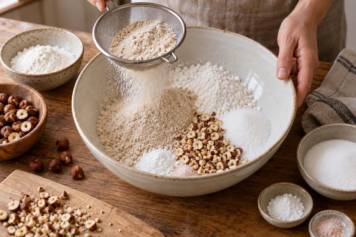 Harina de castaña tamizada con harina de arroz y avellanas picadas