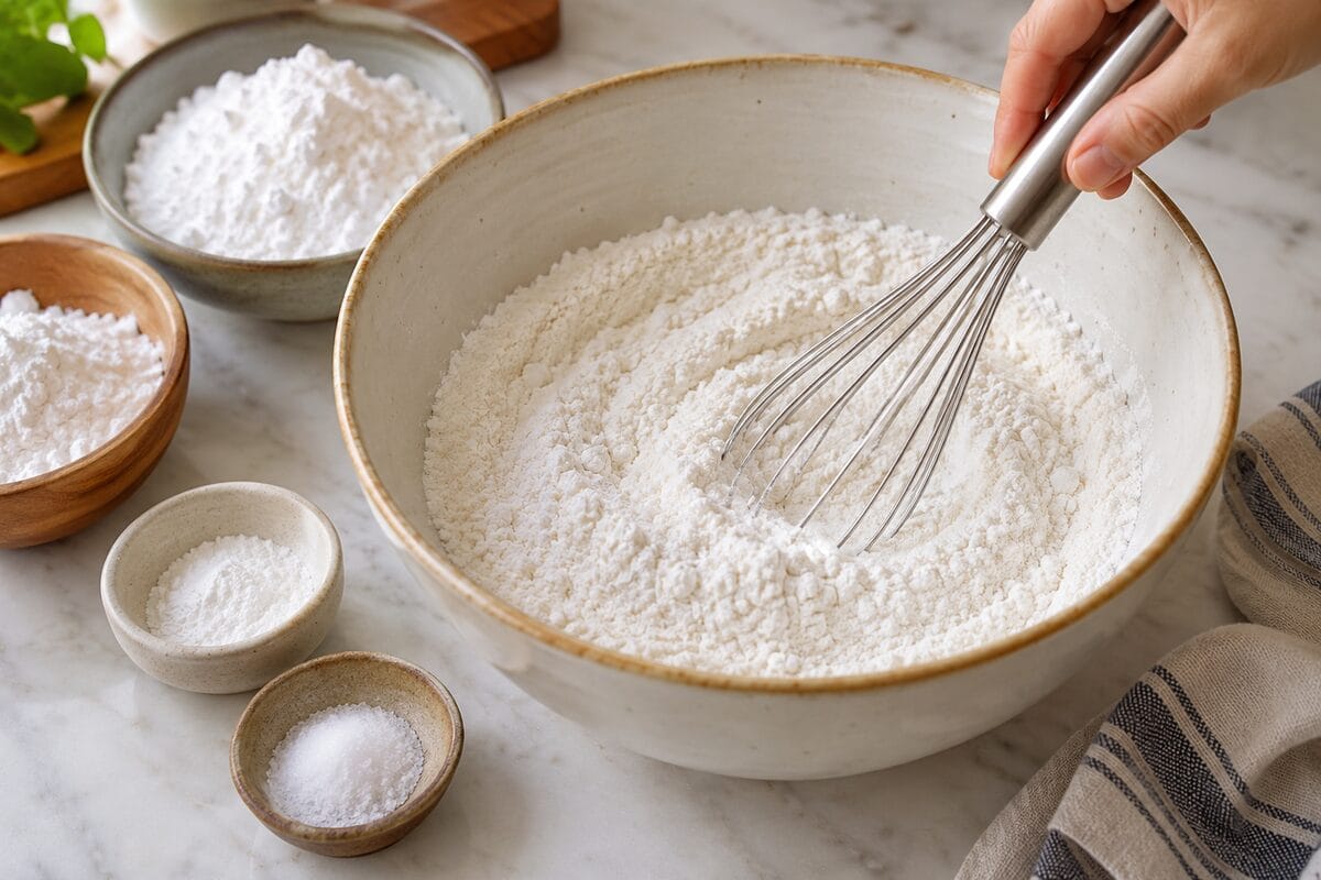 Maicena y harina de arroz tamizadas con azúcar y levadura en un bol