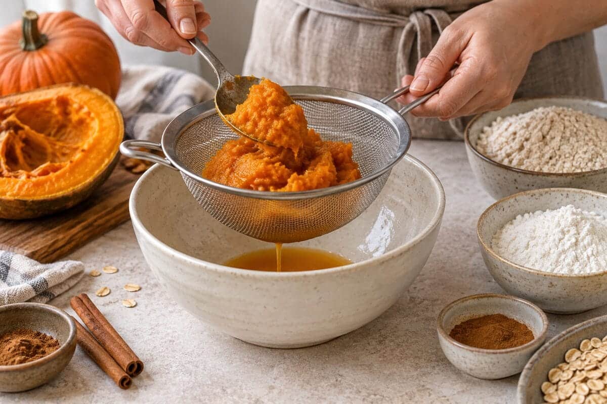 Puré de calabaza asada escurriéndose antes de preparar las galletas