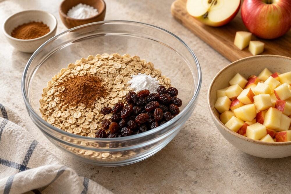 Ingredientes de avena, manzana y pasas para las galletas