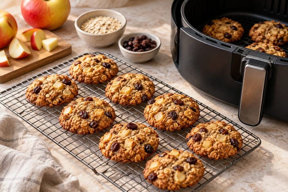 Galletas de avena, manzana y pasas recién cocinadas
