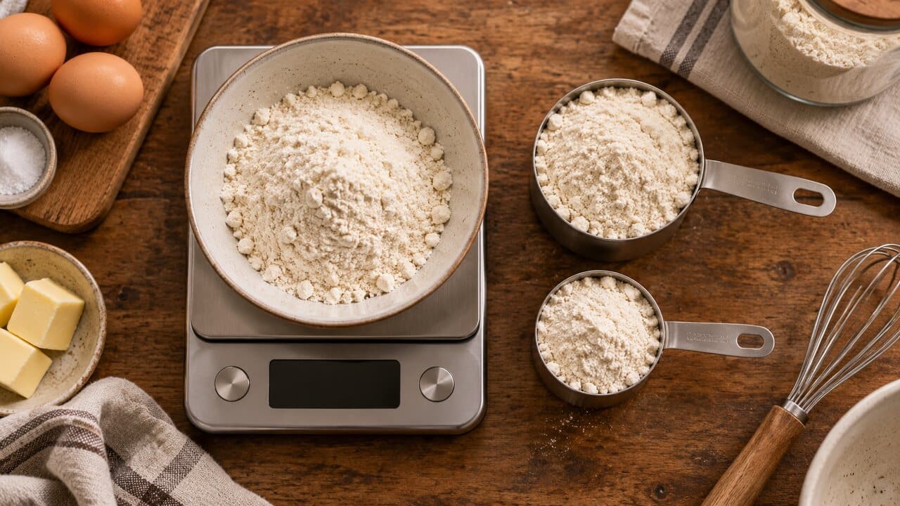 Comparación de báscula y tazas para medir ingredientes sin gluten