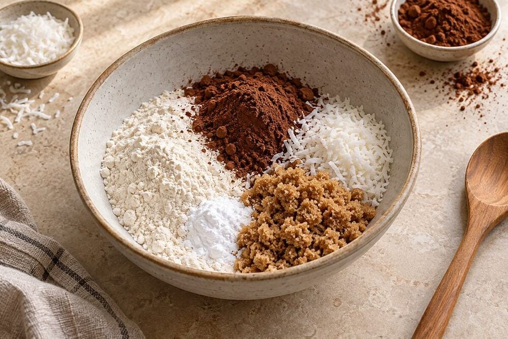 Ingredientes secos de coco y cacao para las galletas