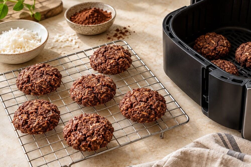 Galletas veganas de coco y cacao recién cocinadas