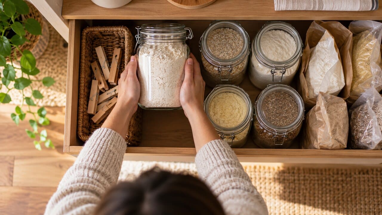 Harinas sin gluten guardadas en recipientes herméticos