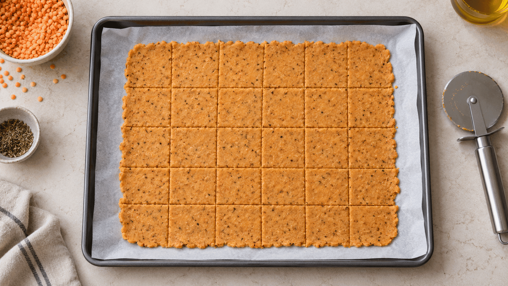 Masa de crackers de lentejas rojas extendida y cortada antes de hornear
