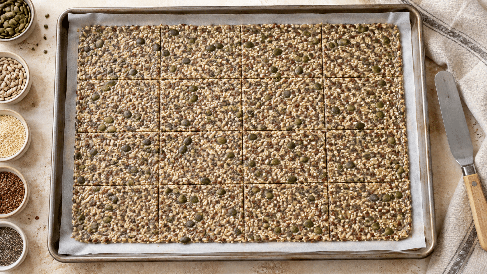 Masa de crackers de semillas sin gluten extendida y marcada antes de hornear