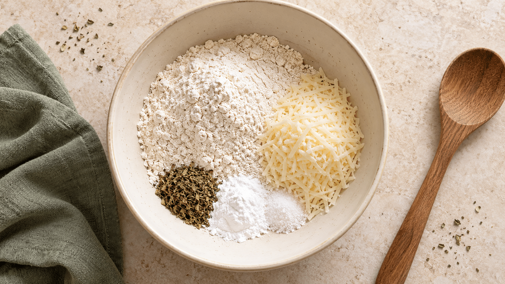 Harina sin gluten, queso rallado y orégano preparados para hacer galletas saladas