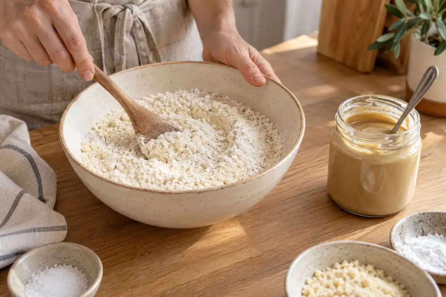 Paso 1: mezclar las harinas y remover el tahini