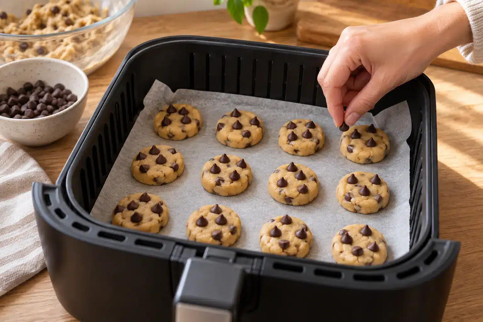 Discos de masa de castaña con pepitas de chocolate en la cesta de la airfryer