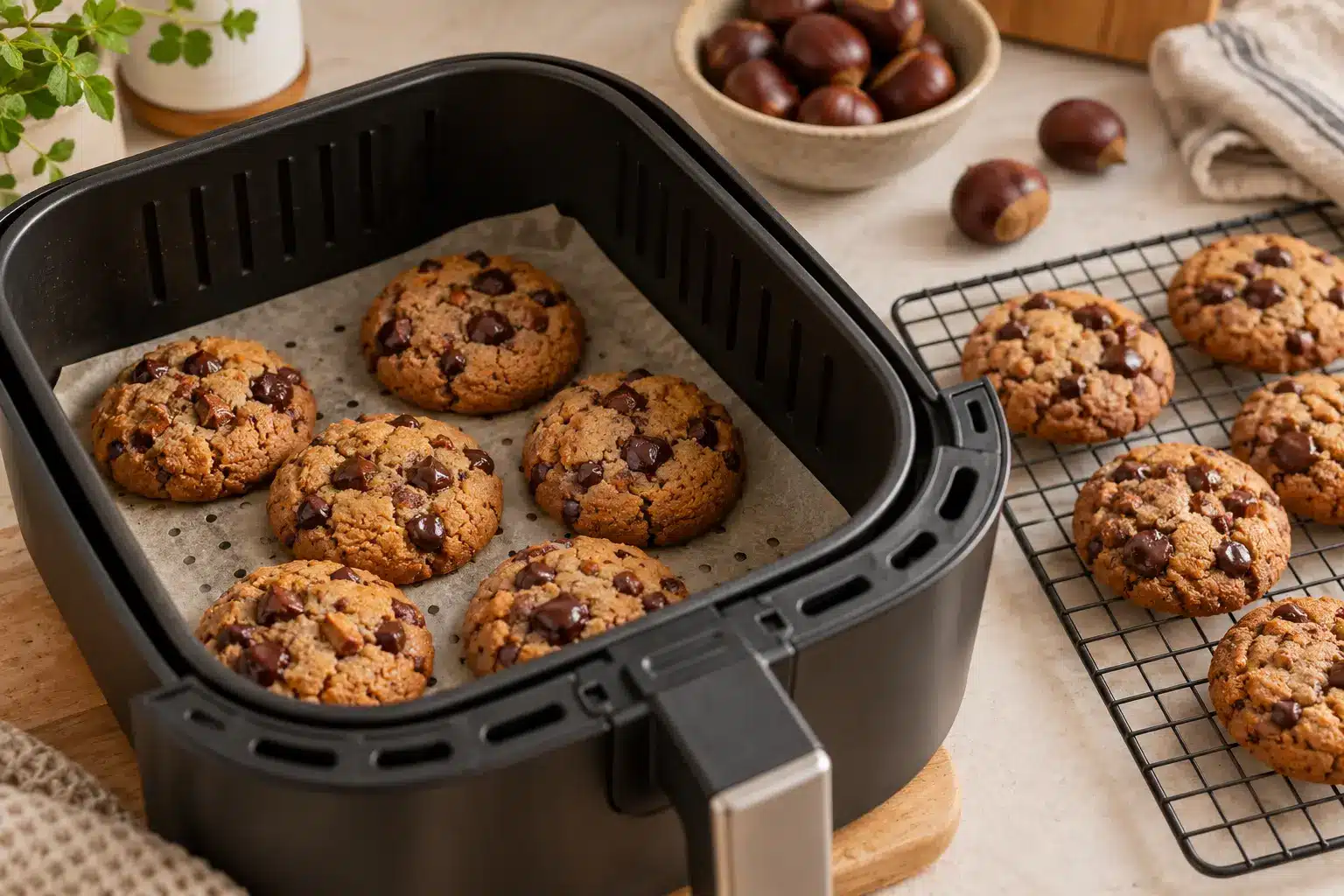 Galletas de castaña y chocolate recién hechas en la airfryer