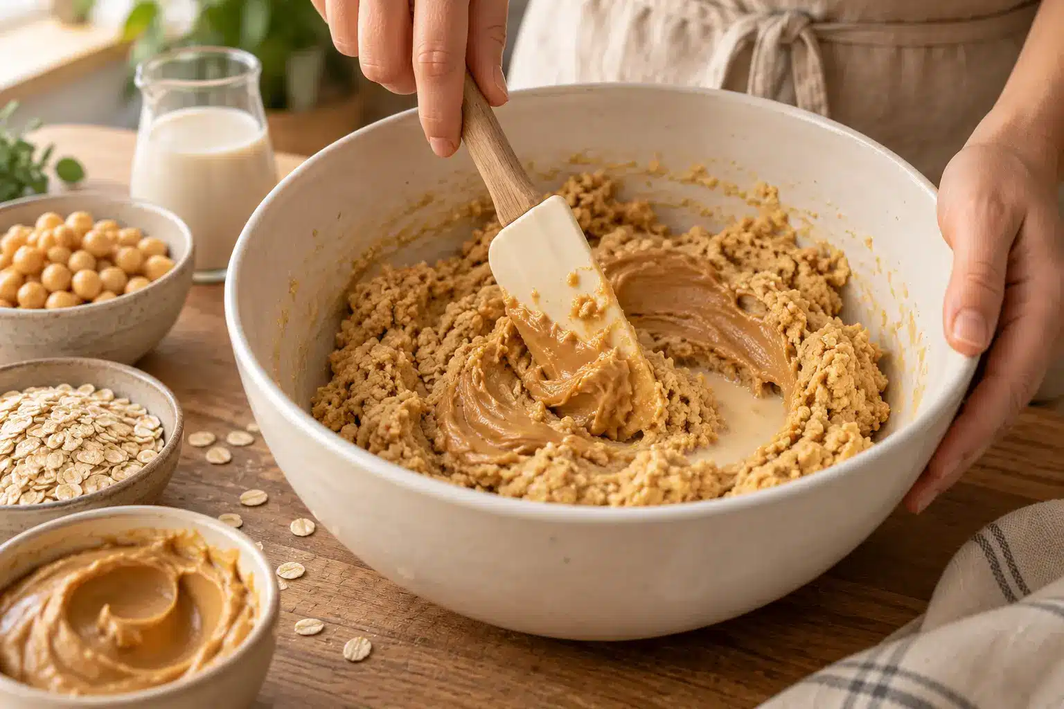 Preparación de la masa con crema de cacahuete y bebida vegetal