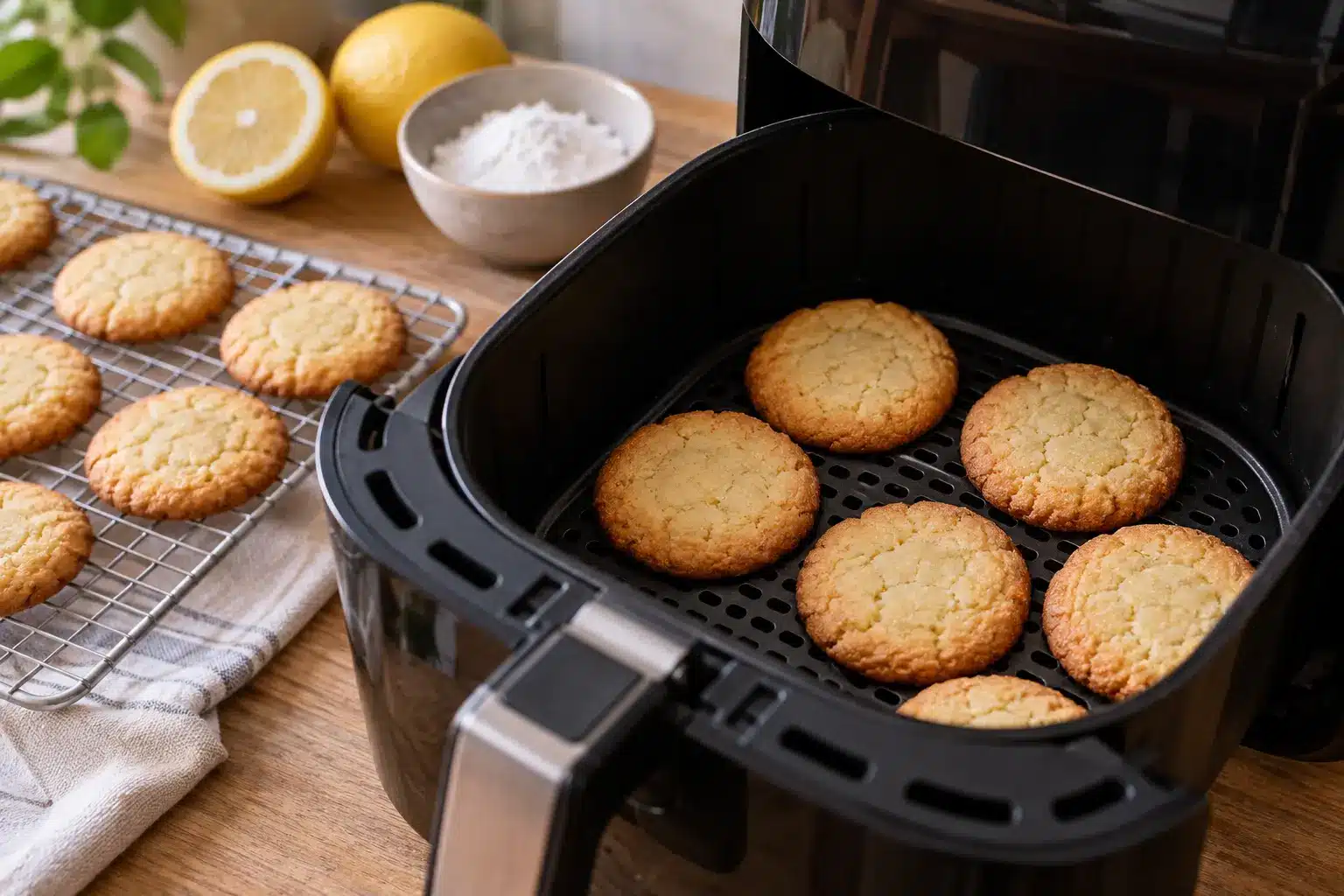 Galletas de arroz y limón doradas en la cesta de la airfryer
