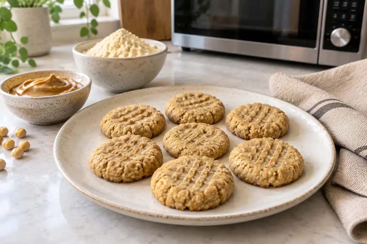 Galletas de harina de garbanzo y cacahuete al microondas sin gluten terminadas