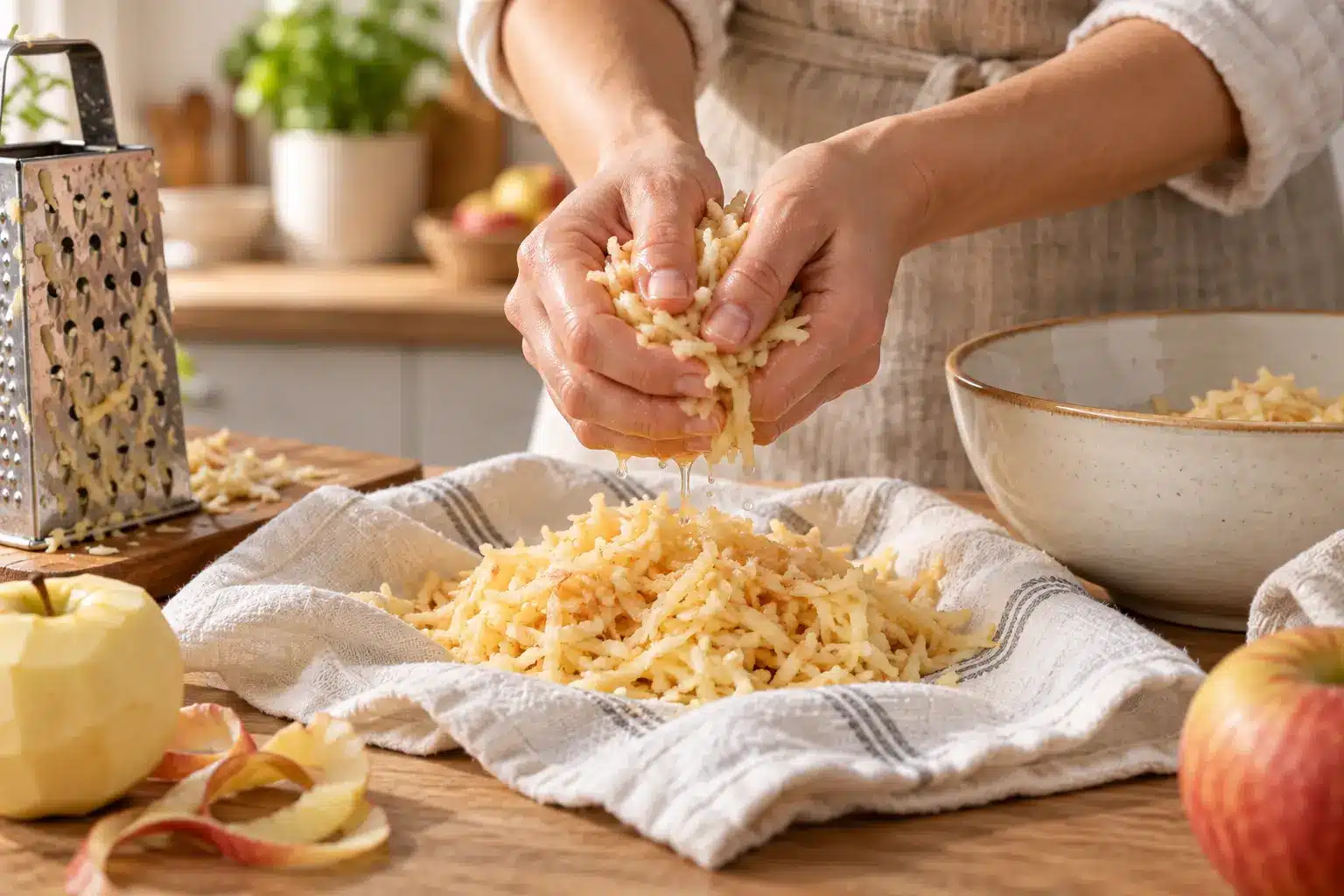 Manzana rallada escurriéndose para preparar las galletas de quinoa