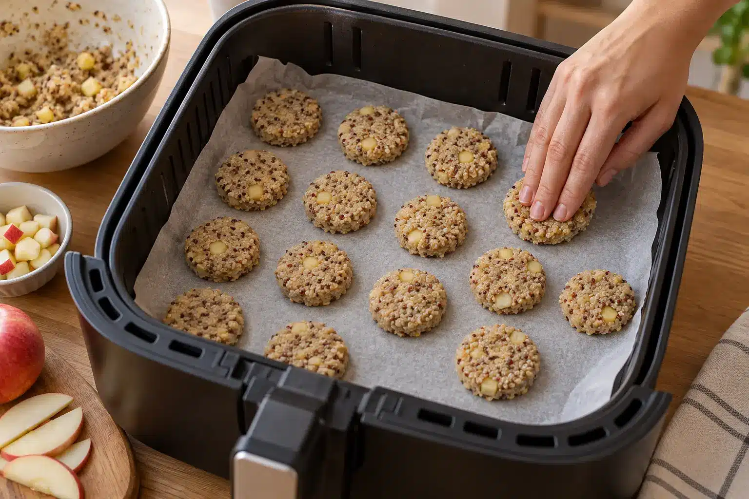 Porciones de masa de quinoa y manzana colocadas en la cesta de la airfryer