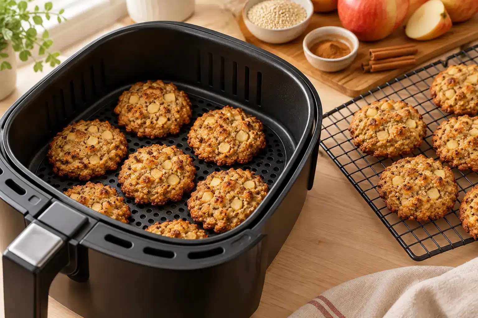 Galletas de quinoa y manzana doradas en la airfryer y sobre una rejilla