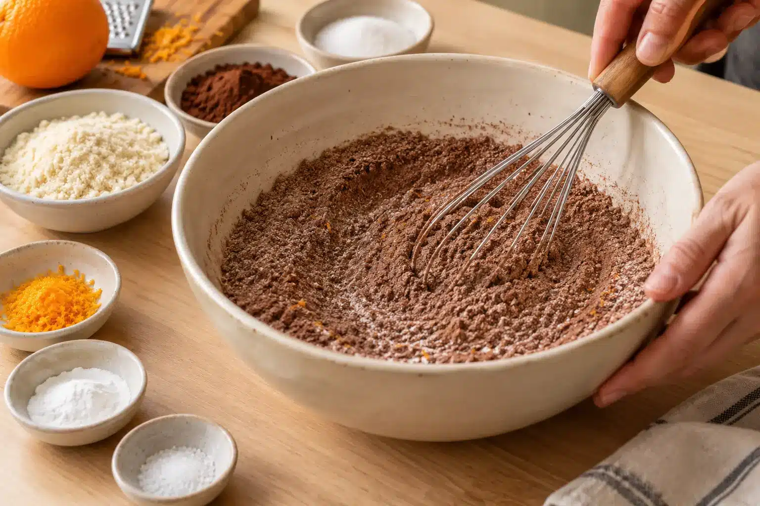 Mezcla seca de cacao, harina de arroz y harina de almendra para las galletas