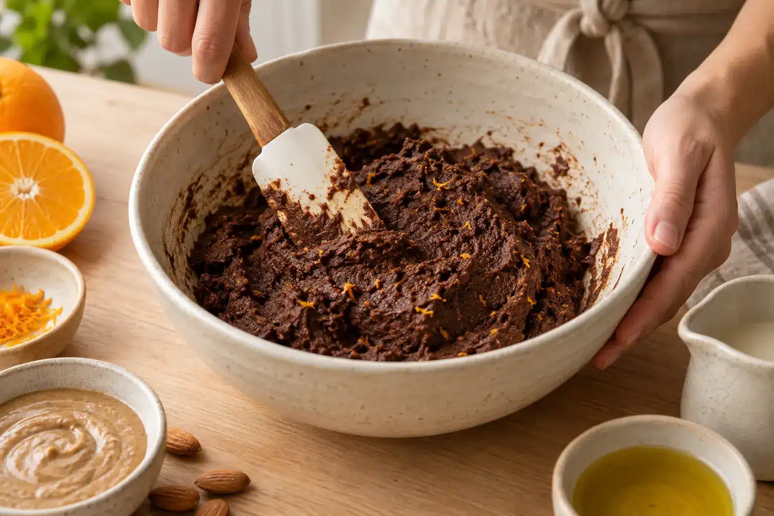 Preparación de la masa vegana de cacao y naranja