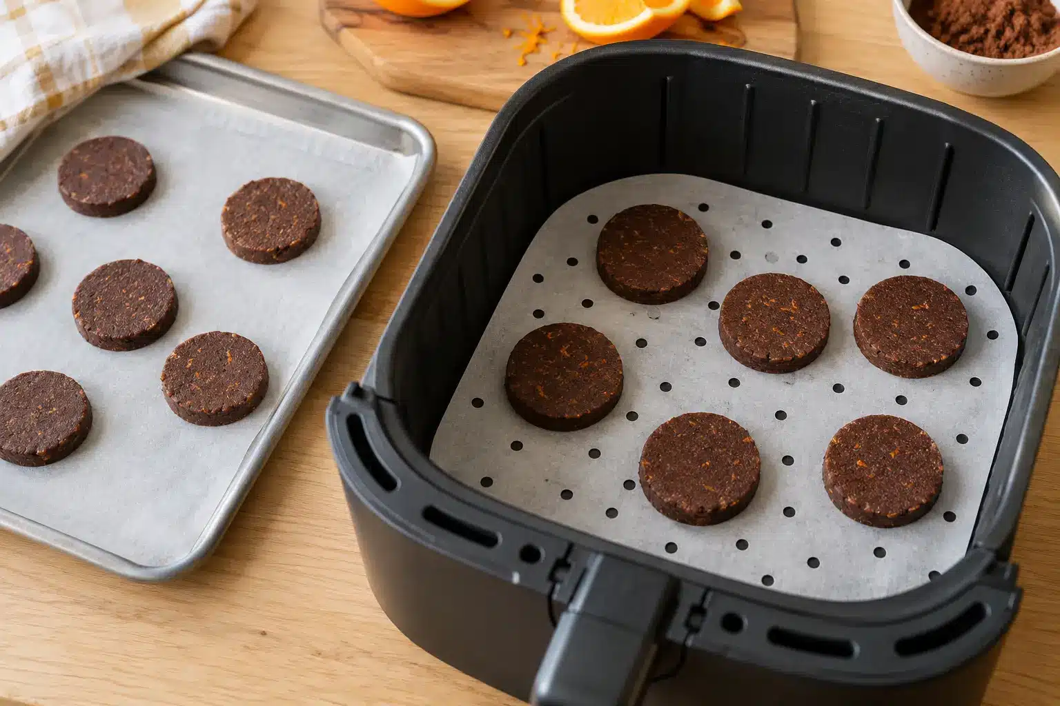 Discos de masa de cacao y naranja colocados en la cesta de la airfryer